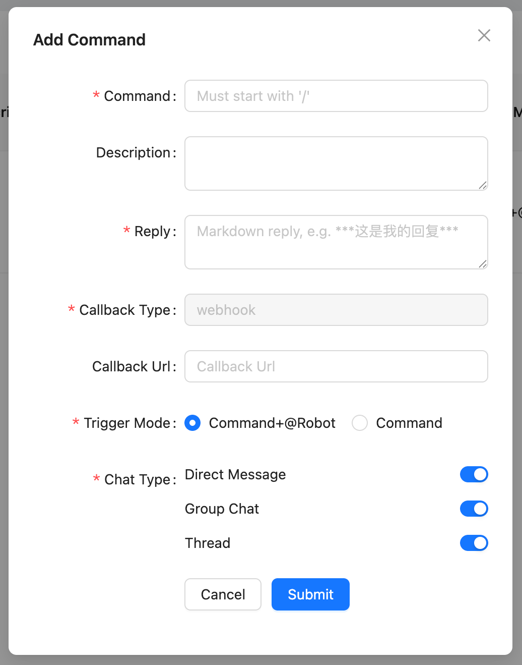 Command Configuration Page